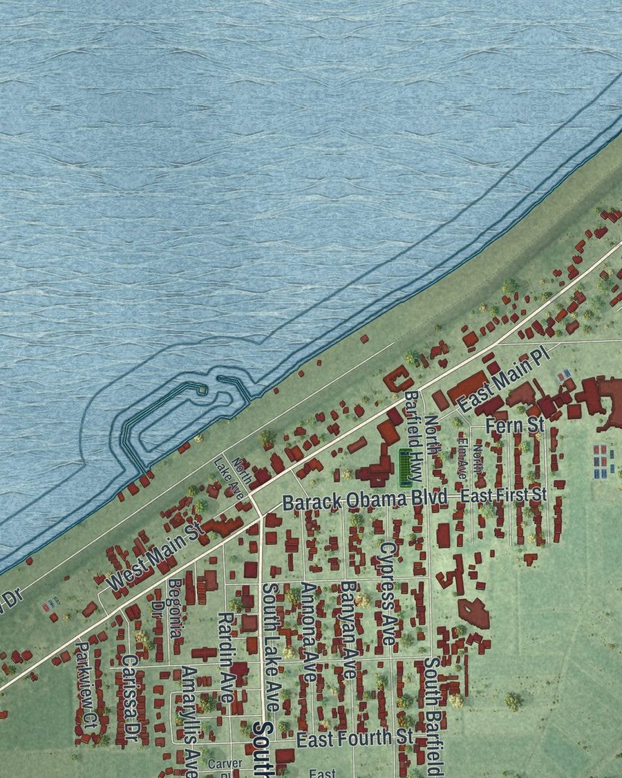 Close-up of Pahokee streets on the map