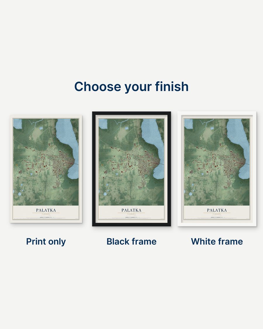 The Palatka, Florida map as a print only, in a black frame and in a white frame