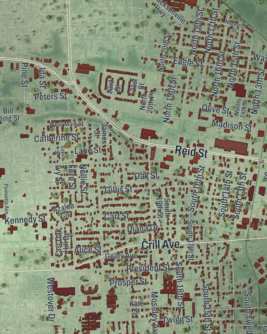 Close-up of Palatka streets on the map