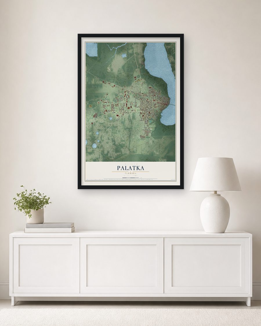 The Palatka, Florida map, 24 x 36 in, in a black wood frame on a living room wall