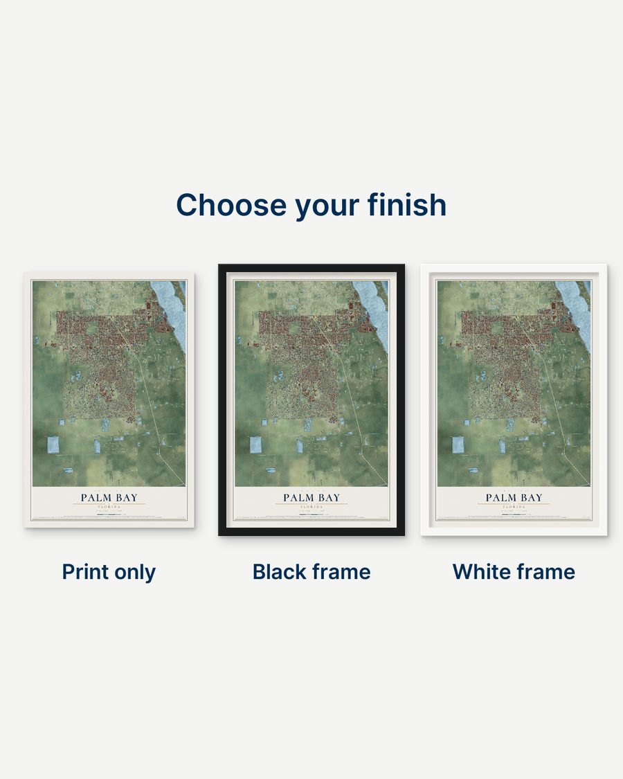 The Palm Bay, Florida map as a print only, in a black frame and in a white frame