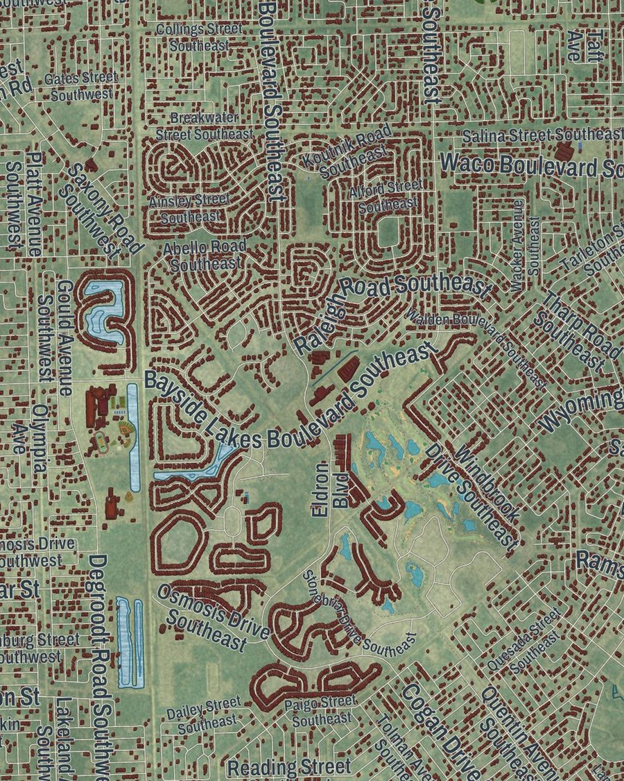 Close-up of Palm Bay streets on the map