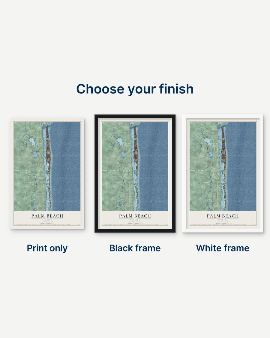 The Palm Beach, Florida map as a print only, in a black frame and in a white frame