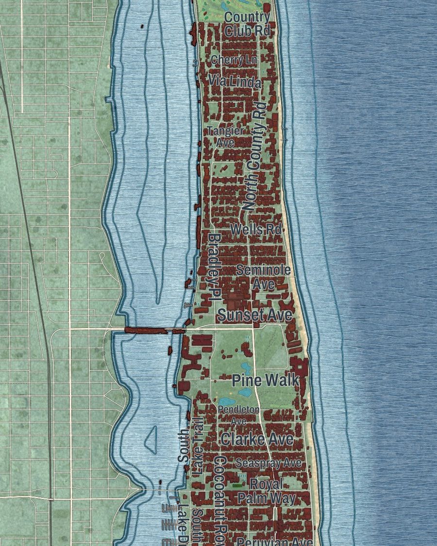 Close-up of Palm Beach streets on the map