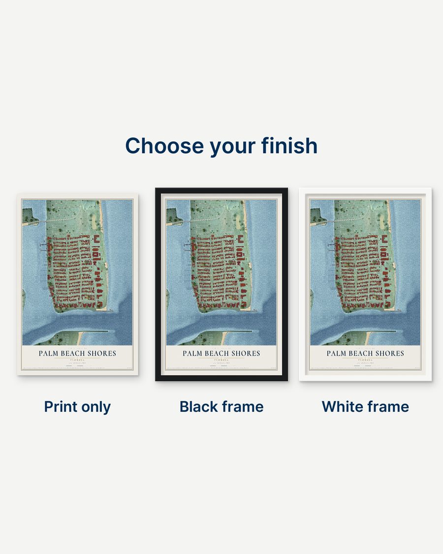 The Palm Beach Shores, Florida map as a print only, in a black frame and in a white frame