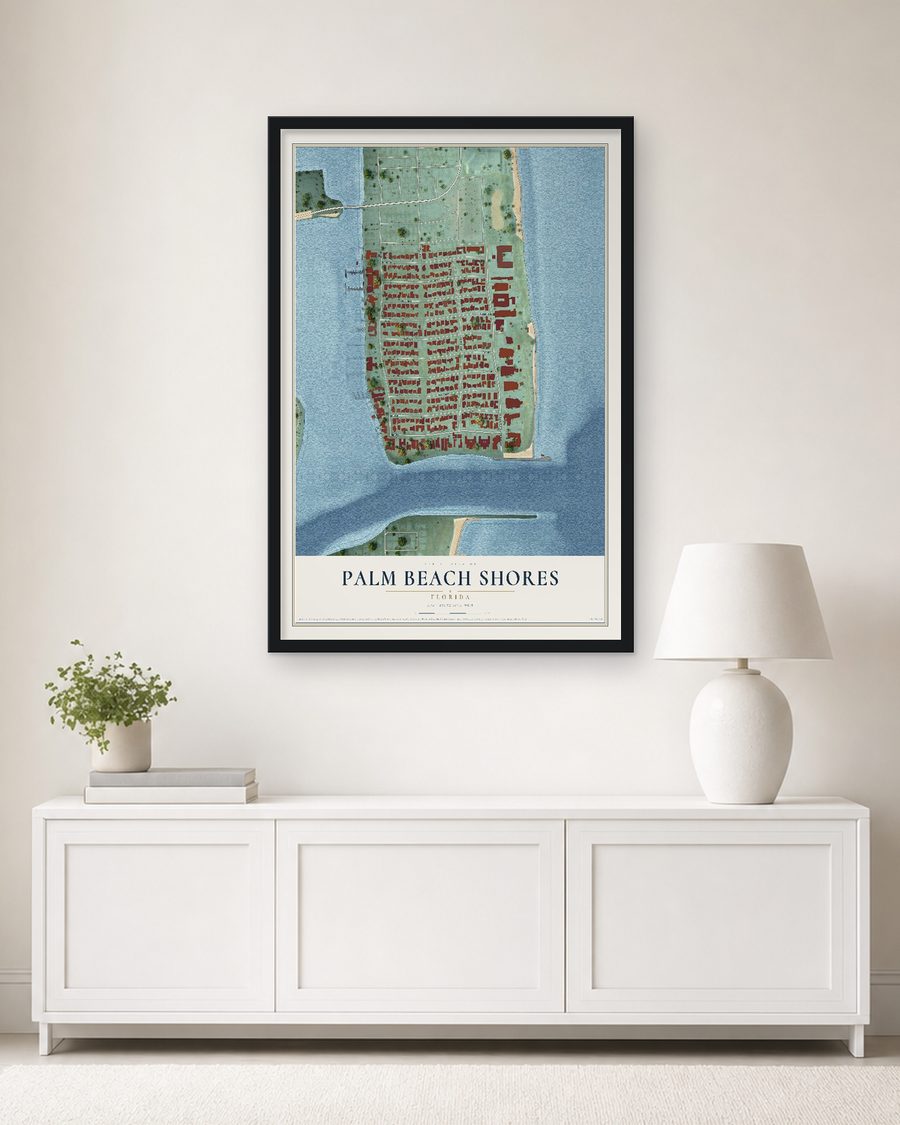 The Palm Beach Shores, Florida map, 24 x 36 in, in a black wood frame on a living room wall