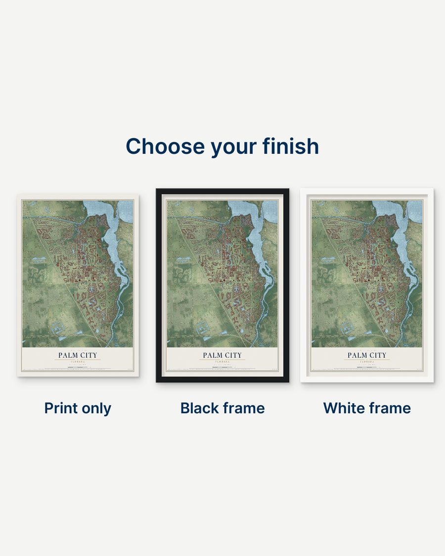 The Palm City, Florida map as a print only, in a black frame and in a white frame