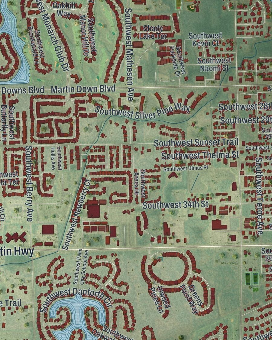 Close-up of Palm City streets on the map