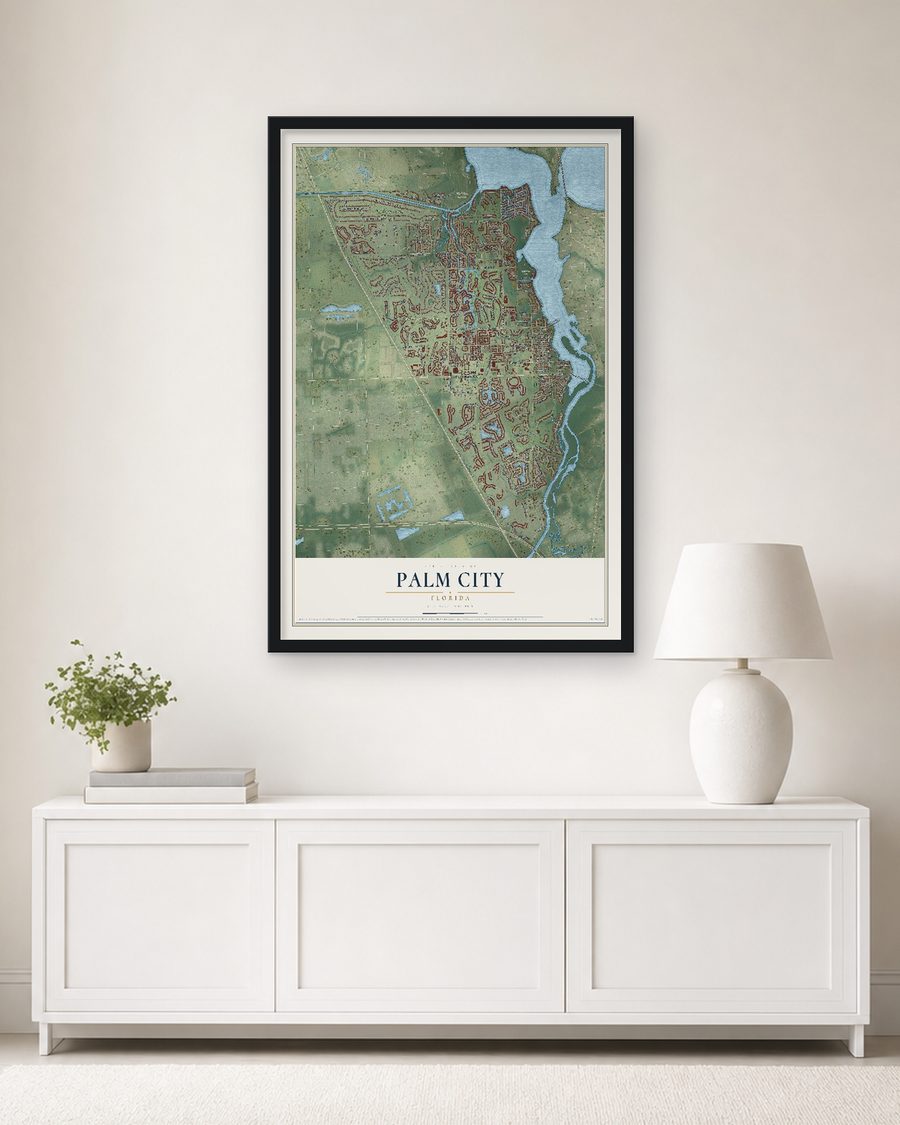 The Palm City, Florida map, 24 x 36 in, in a black wood frame on a living room wall