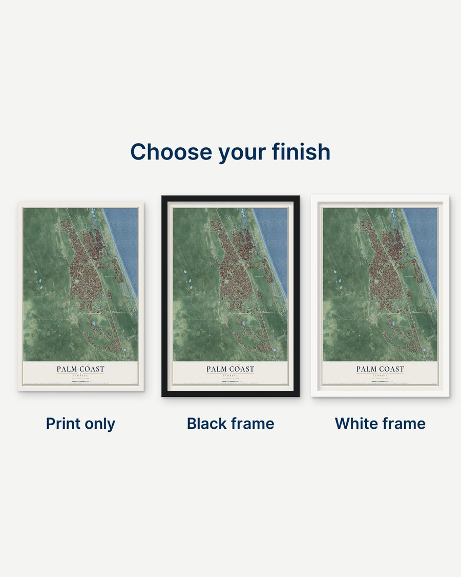 The Palm Coast, Florida map as a print only, in a black frame and in a white frame