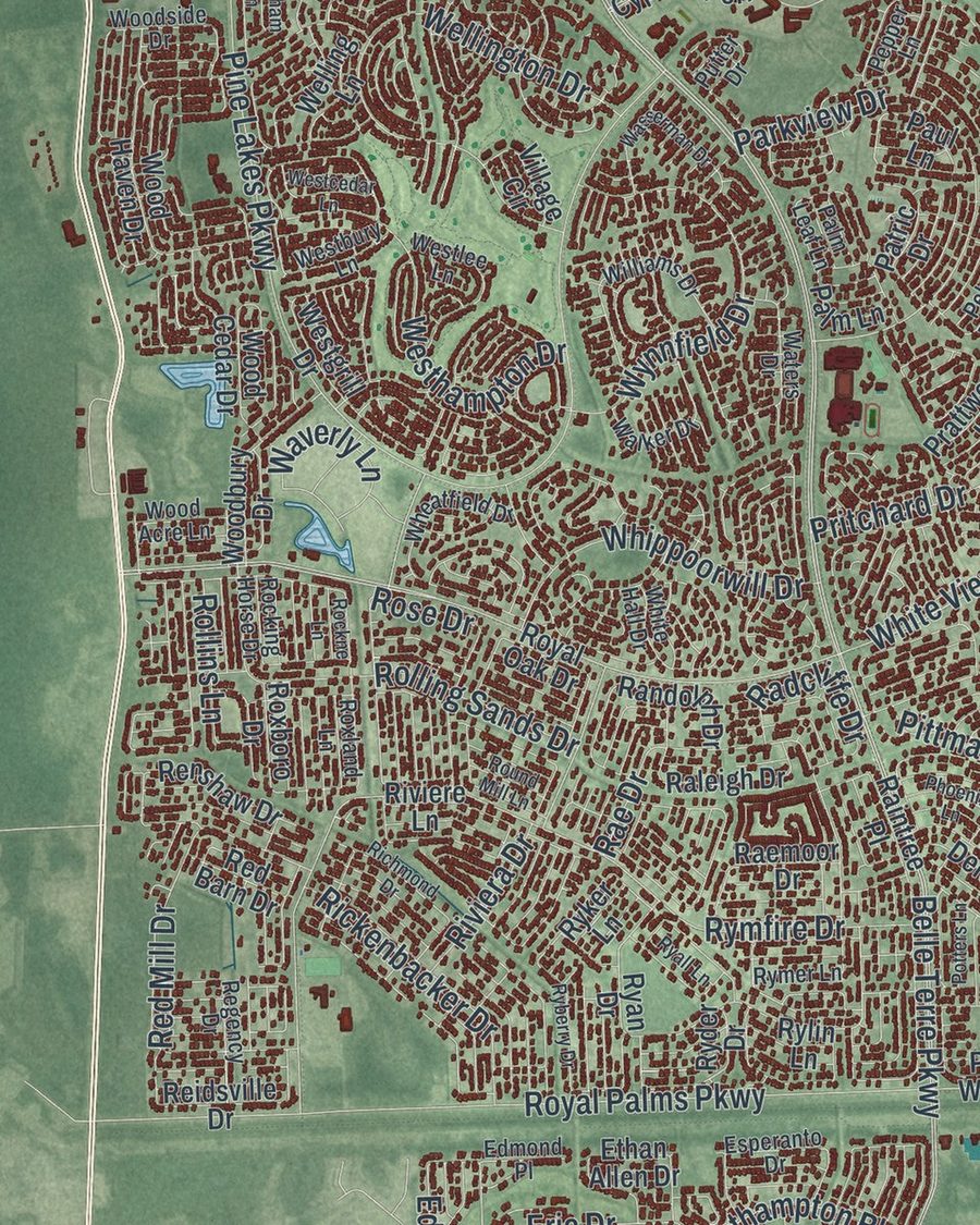 Close-up of Palm Coast streets on the map