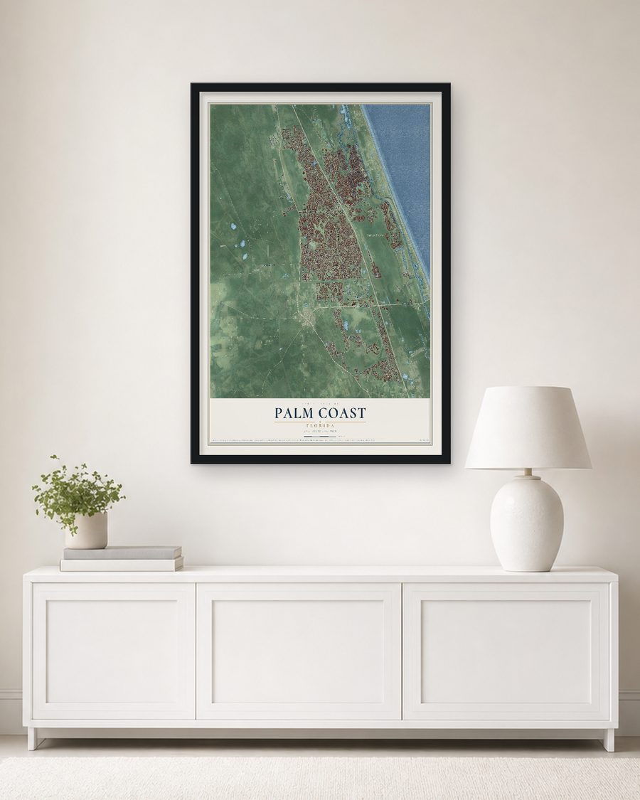 The Palm Coast, Florida map, 24 x 36 in, in a black wood frame on a living room wall