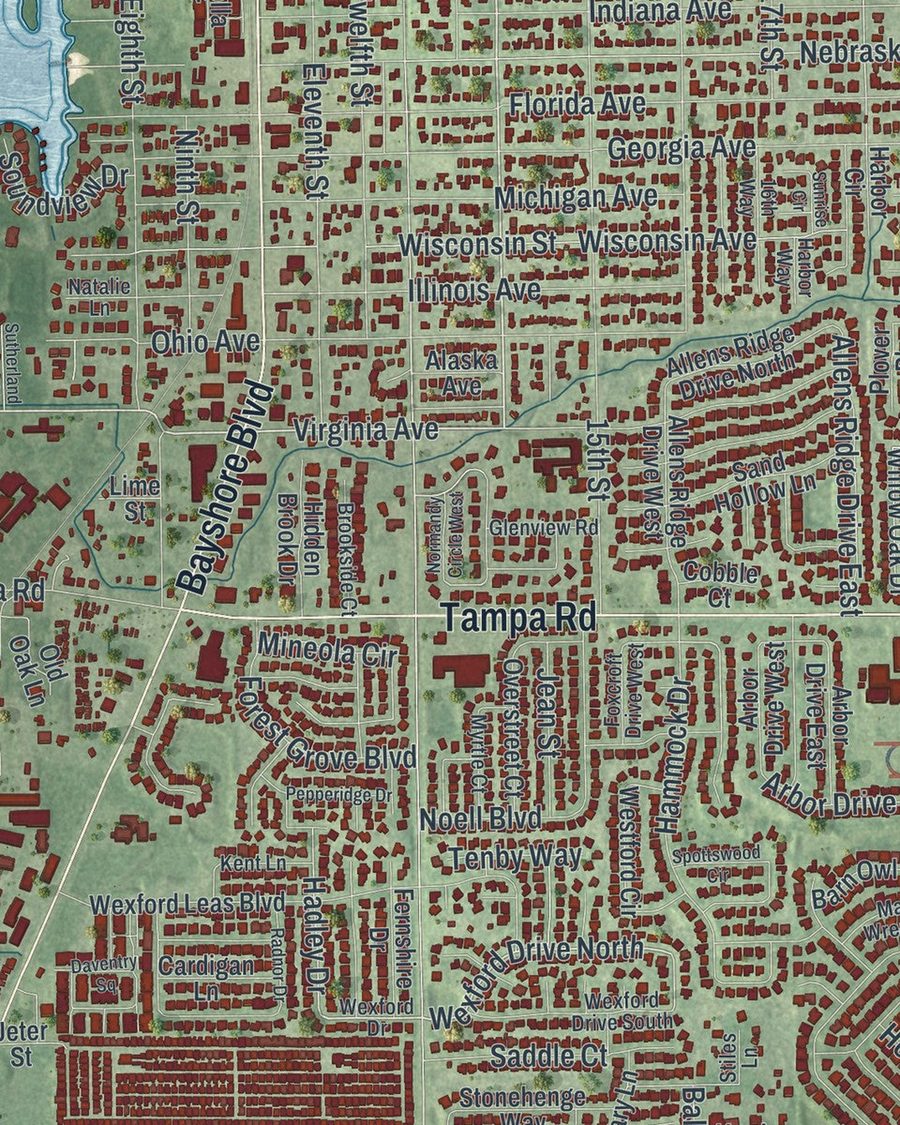 Close-up of Palm Harbor streets on the map