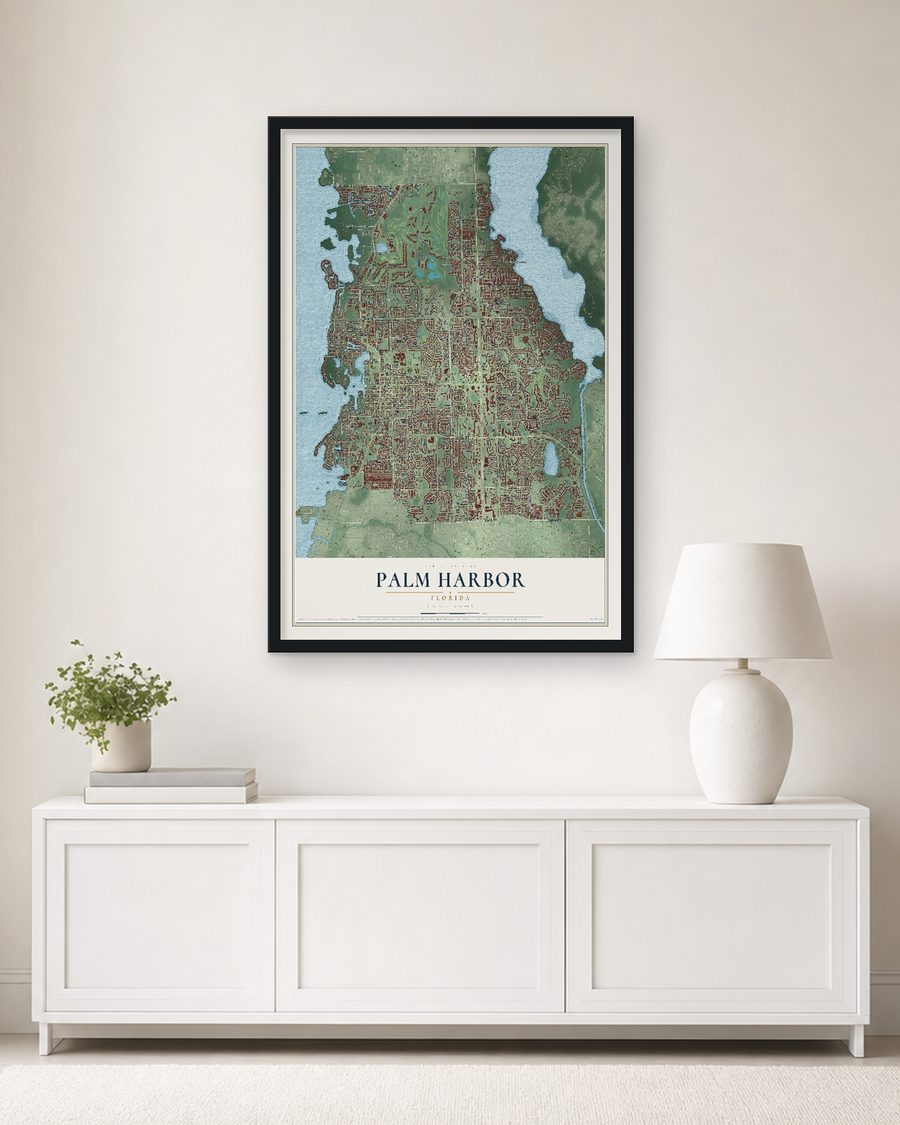 The Palm Harbor, Florida map, 24 x 36 in, in a black wood frame on a living room wall