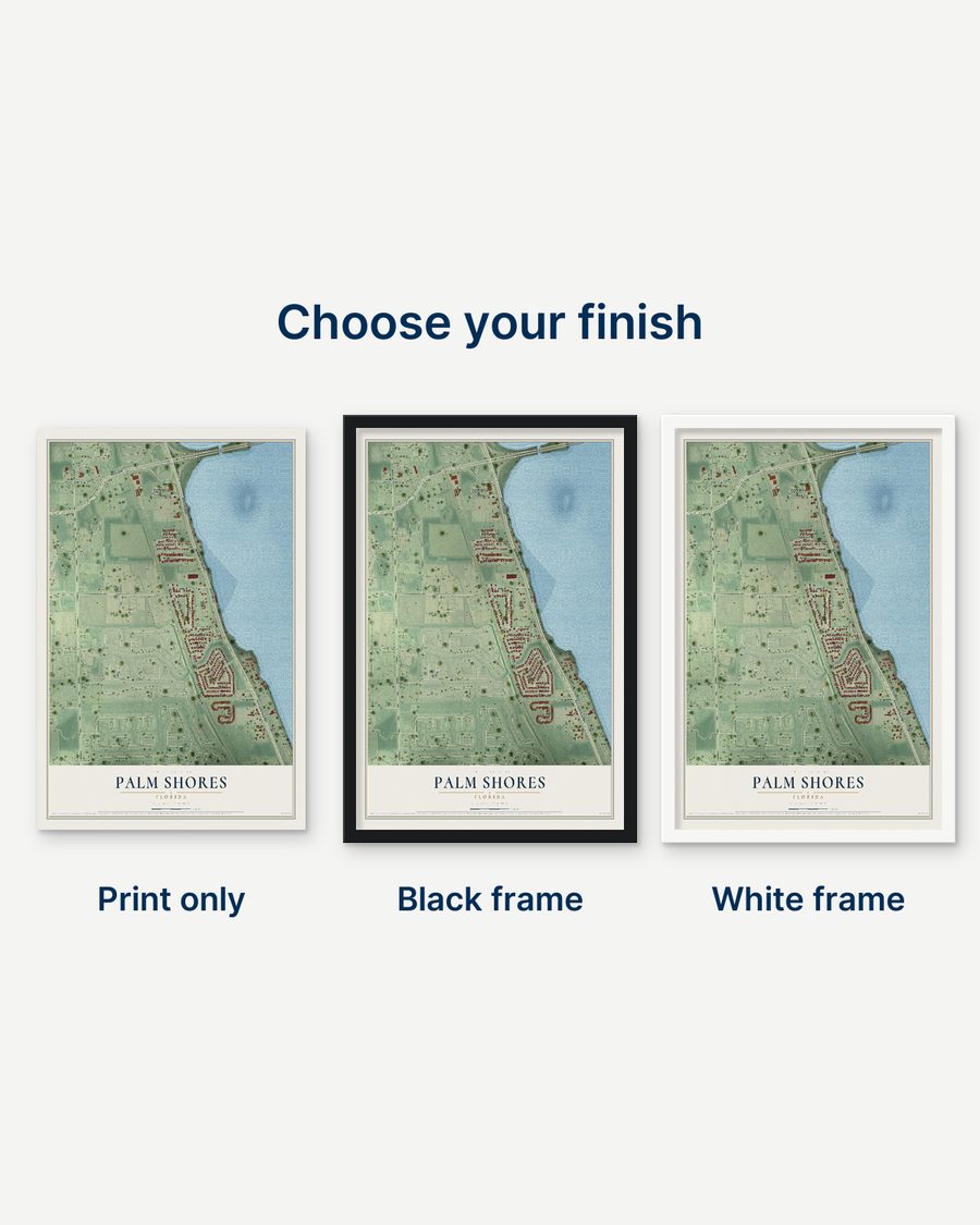 The Palm Shores, Florida map as a print only, in a black frame and in a white frame