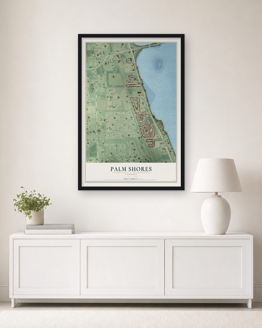 The Palm Shores, Florida map, 24 x 36 in, in a black wood frame on a living room wall