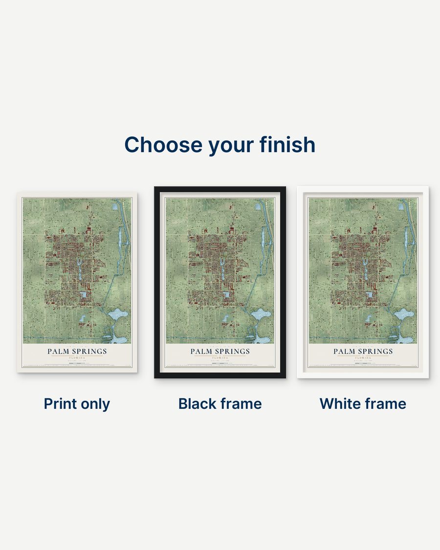 The Palm Springs, Florida map as a print only, in a black frame and in a white frame