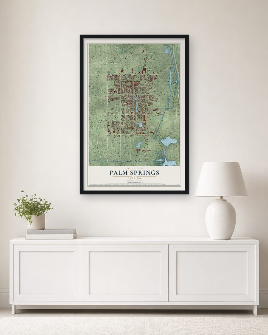 The Palm Springs, Florida map, 24 x 36 in, in a black wood frame on a living room wall