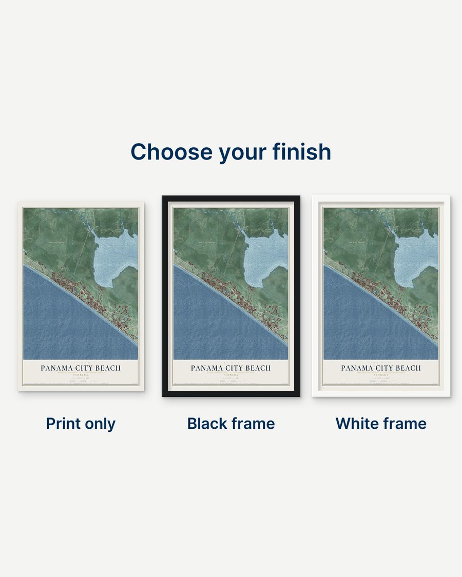 The Panama City Beach, Florida map as a print only, in a black frame and in a white frame