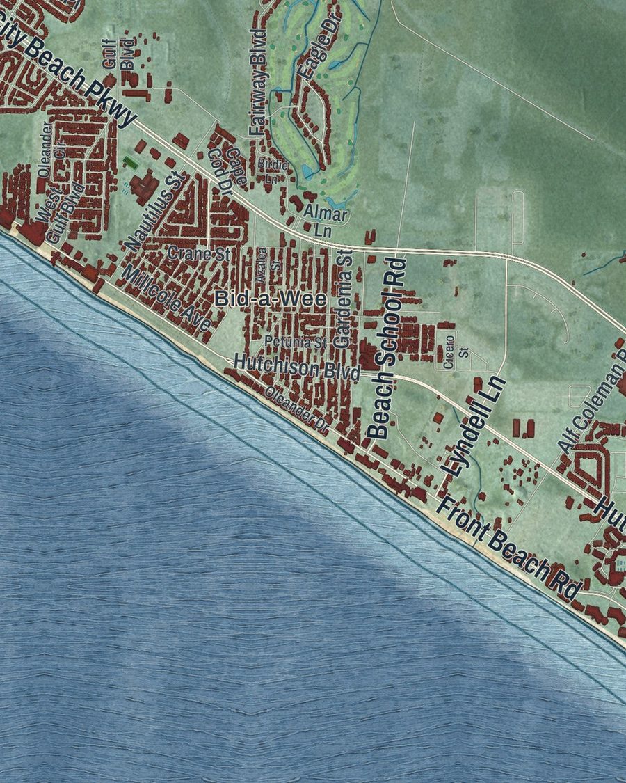 Close-up of Panama City Beach streets on the map