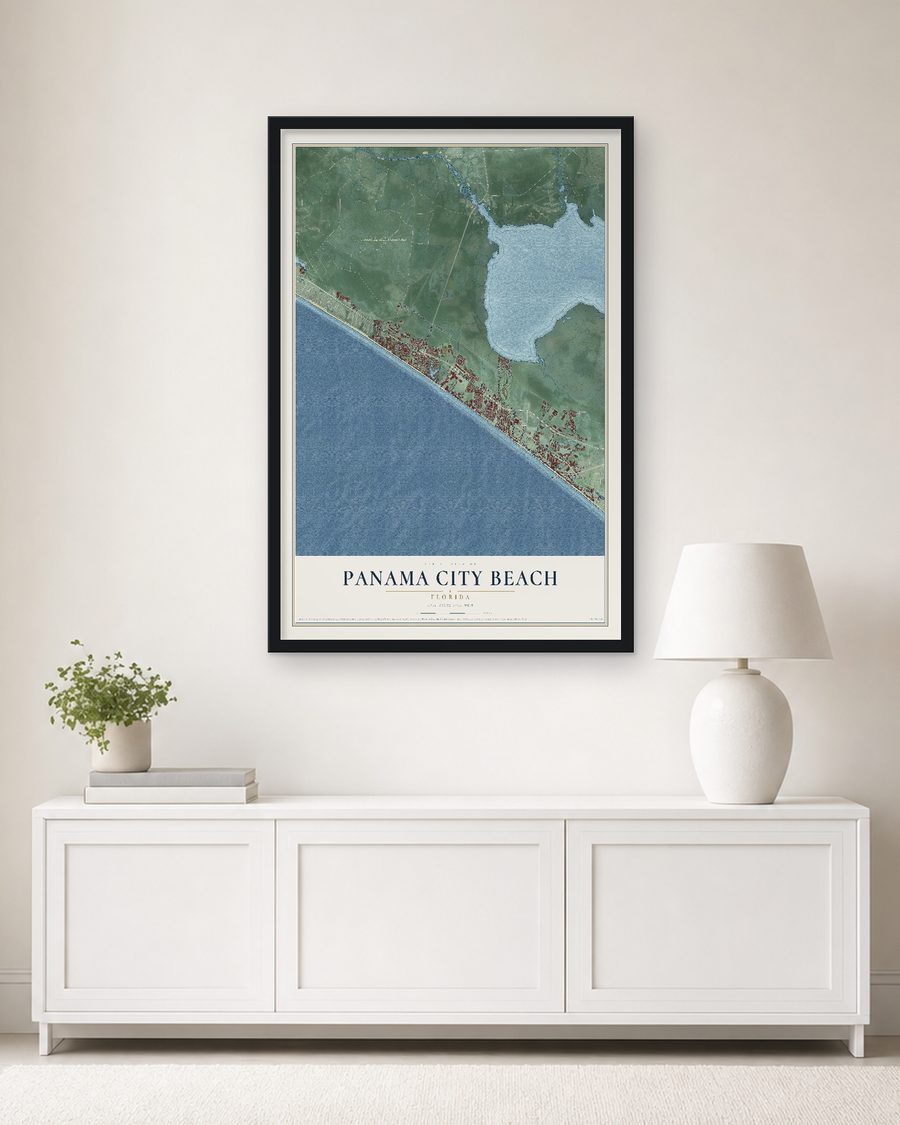 The Panama City Beach, Florida map, 24 x 36 in, in a black wood frame on a living room wall