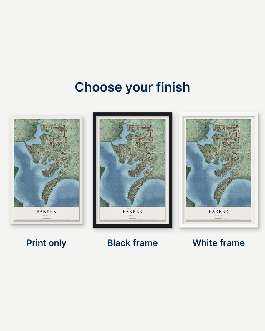 The Parker, Florida map as a print only, in a black frame and in a white frame