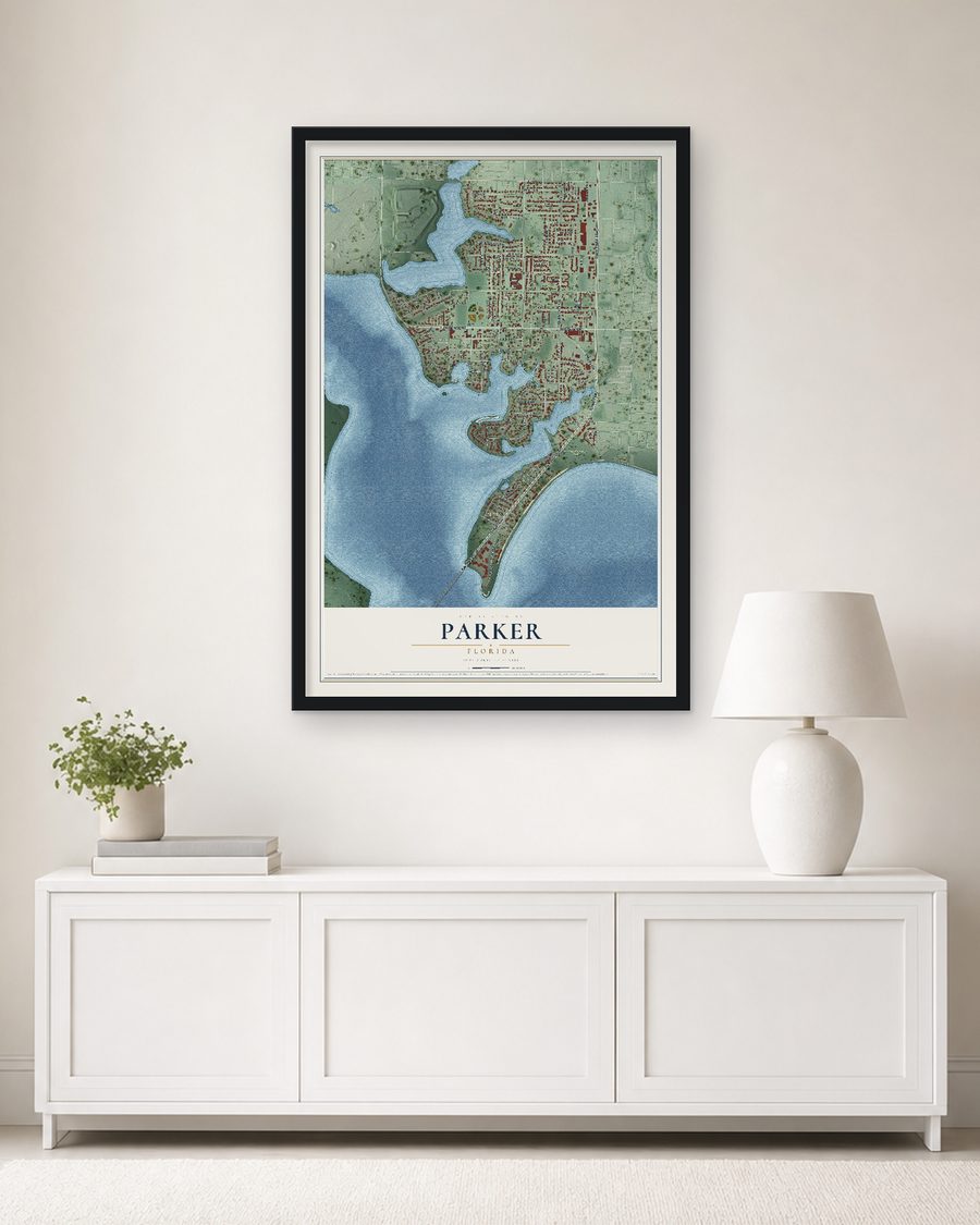The Parker, Florida map, 24 x 36 in, in a black wood frame on a living room wall