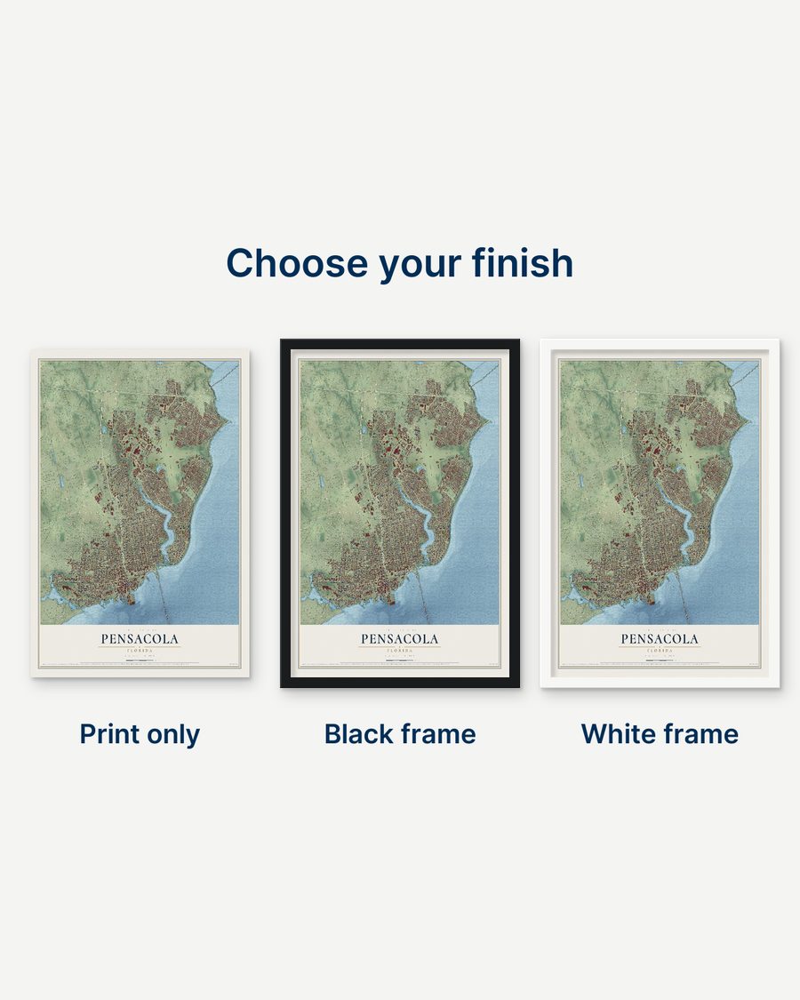 The Pensacola, Florida map as a print only, in a black frame and in a white frame