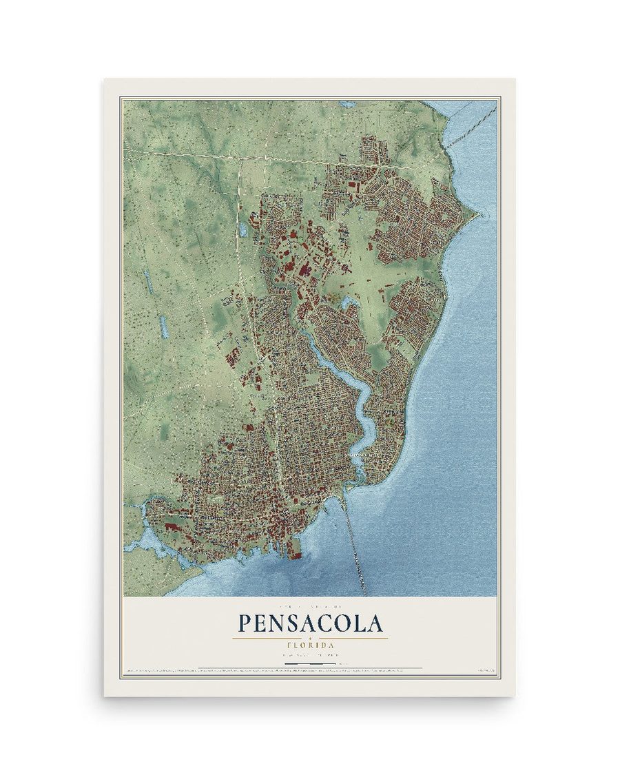 Pensacola, Florida map print, 12 x 18 in, print only