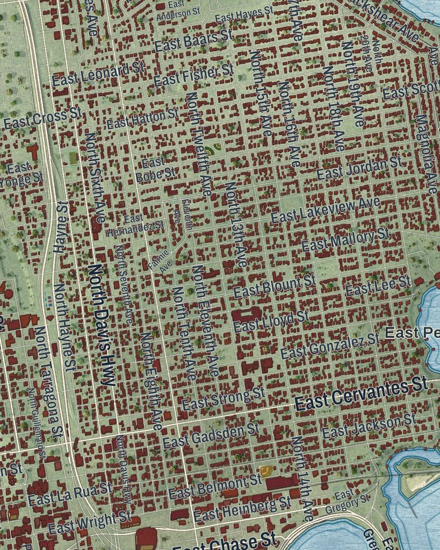 Close-up of Pensacola streets on the map