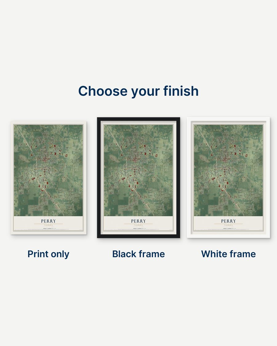 The Perry, Florida map as a print only, in a black frame and in a white frame