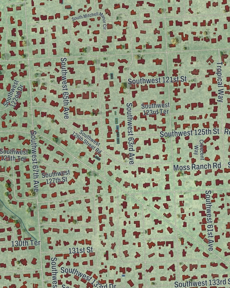Close-up of Pinecrest streets on the map