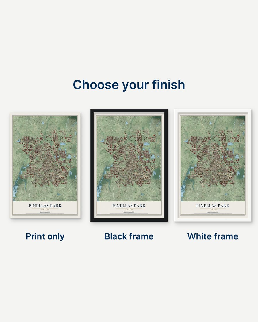 The Pinellas Park, Florida map as a print only, in a black frame and in a white frame