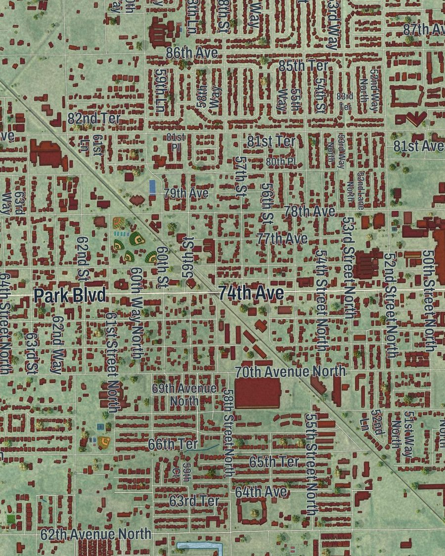 Close-up of Pinellas Park streets on the map