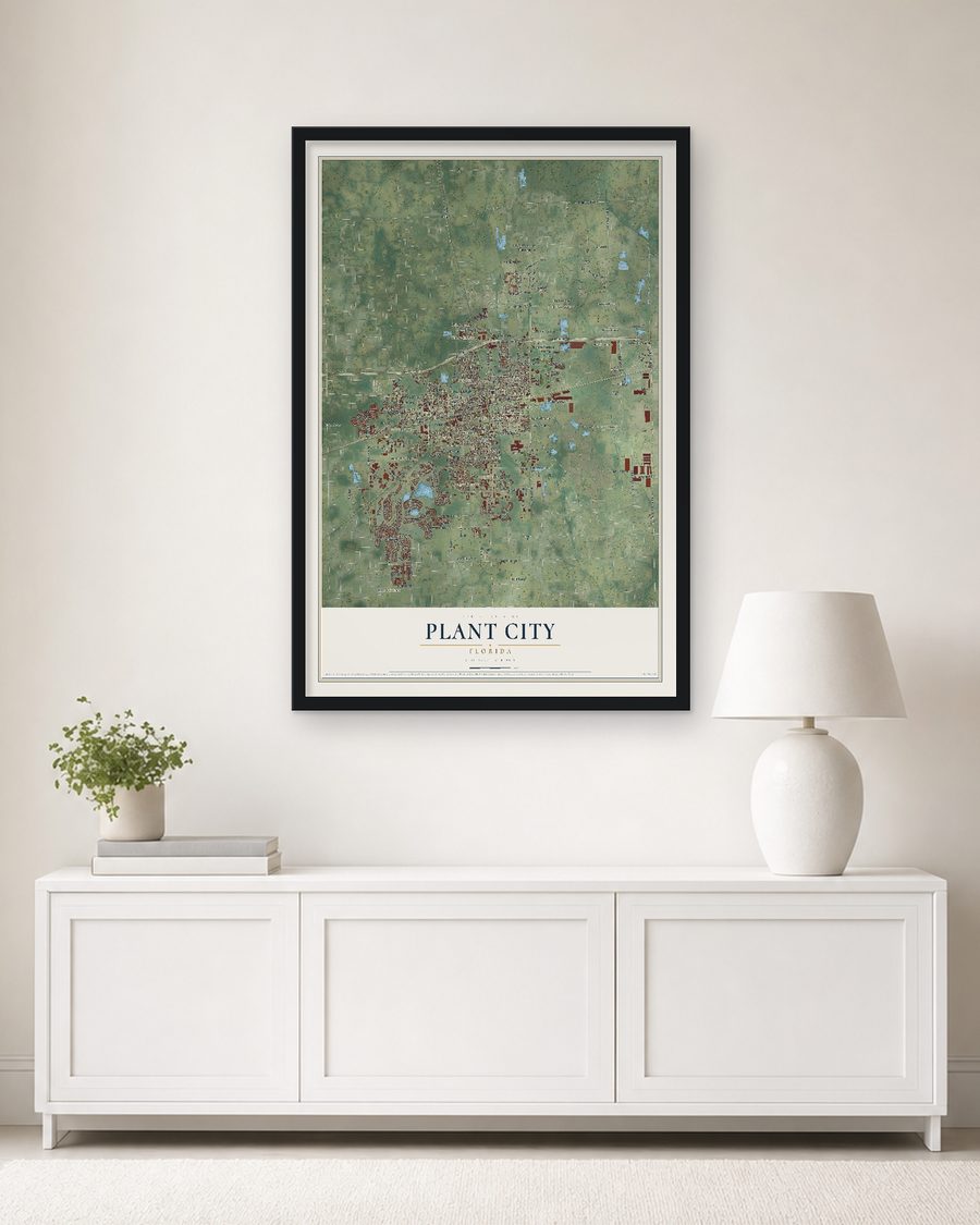 The Plant City, Florida map, 24 x 36 in, in a black wood frame on a living room wall