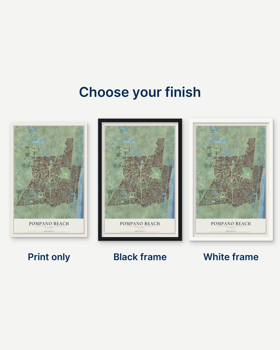 The Pompano Beach, Florida map as a print only, in a black frame and in a white frame