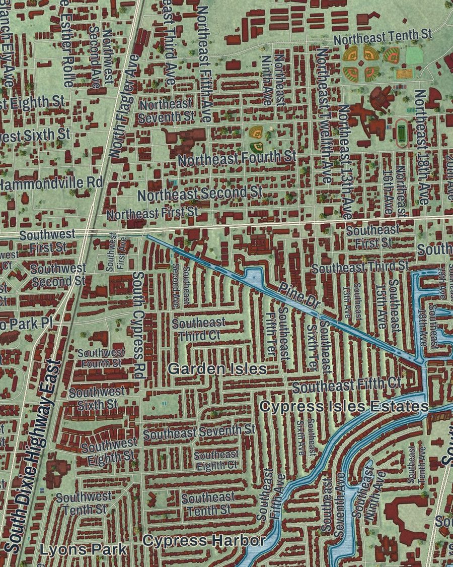 Close-up of Pompano Beach streets on the map