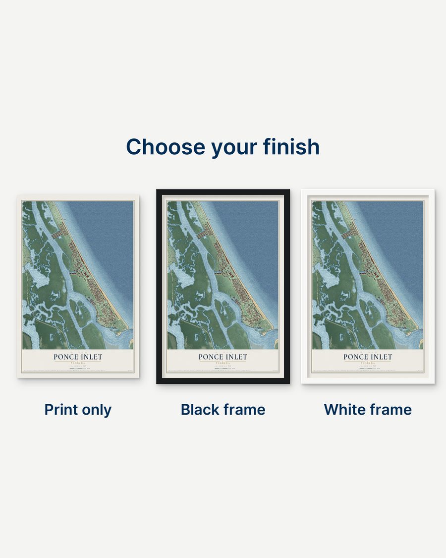 The Ponce Inlet, Florida map as a print only, in a black frame and in a white frame