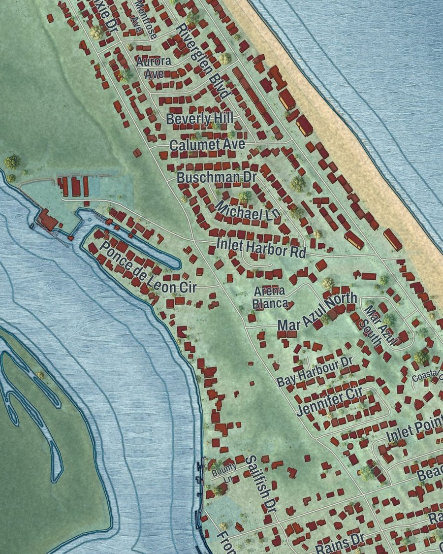 Close-up of Ponce Inlet streets on the map