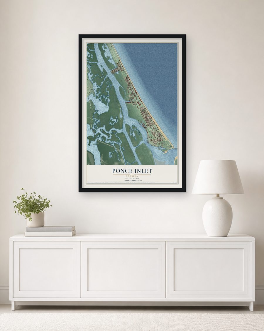 The Ponce Inlet, Florida map, 24 x 36 in, in a black wood frame on a living room wall
