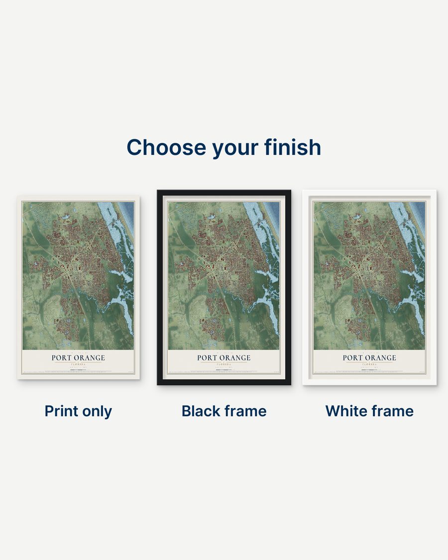 The Port Orange, Florida map as a print only, in a black frame and in a white frame