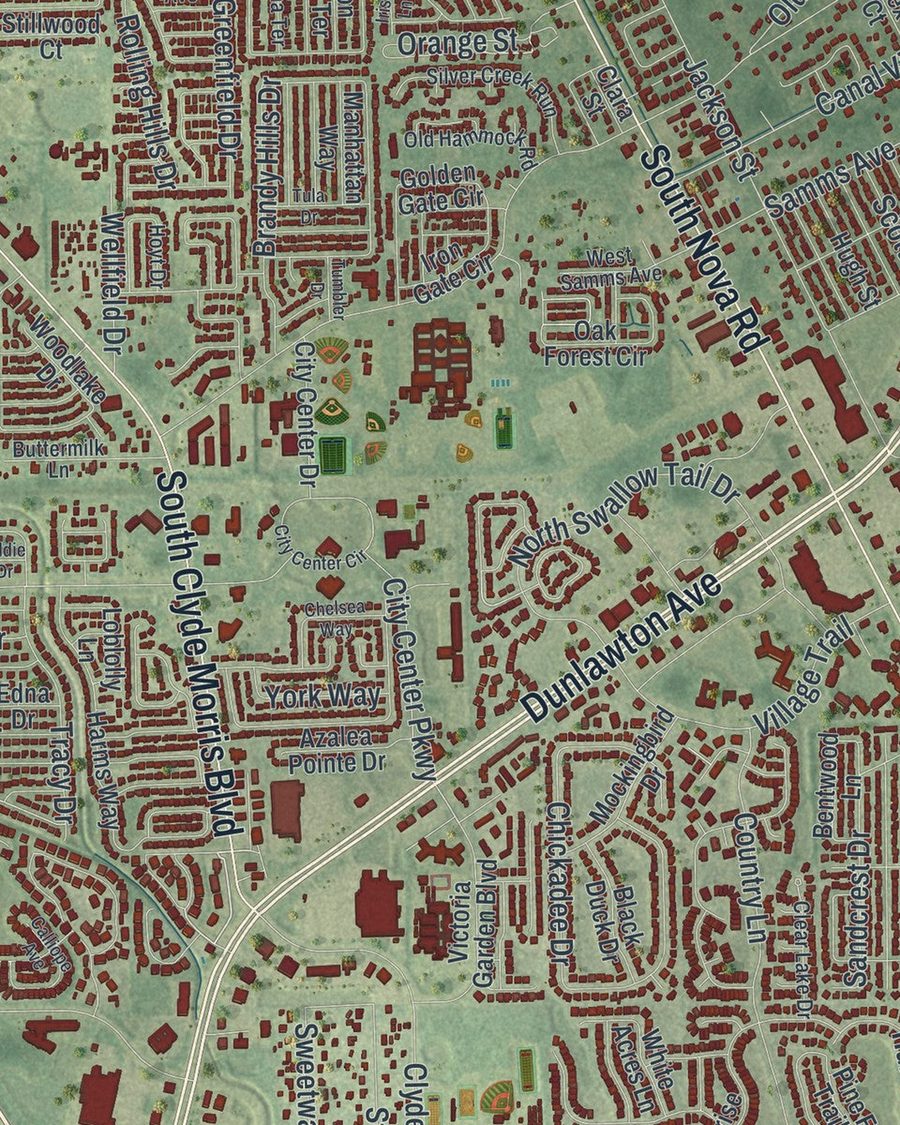 Close-up of Port Orange streets on the map