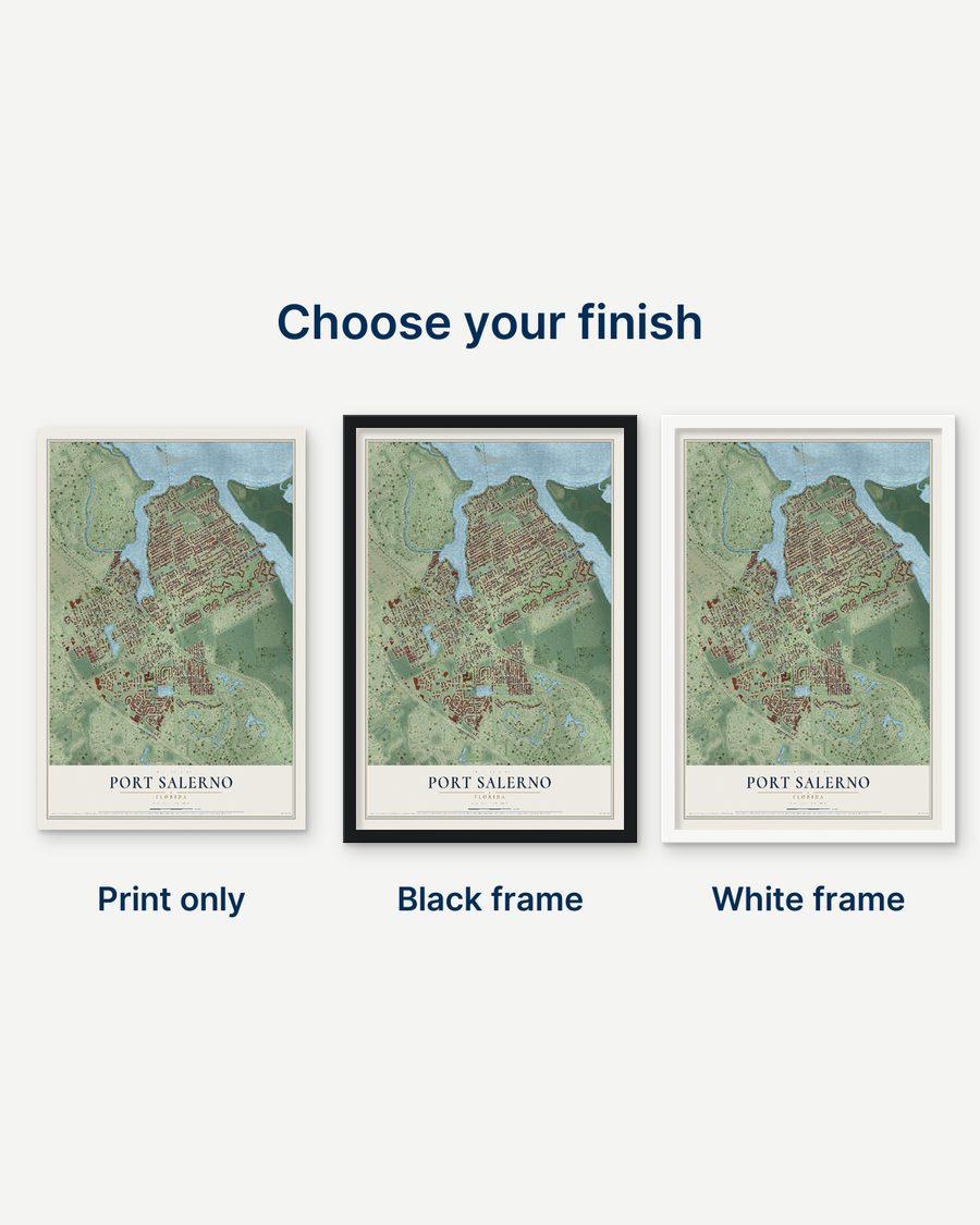 The Port Salerno, Florida map as a print only, in a black frame and in a white frame