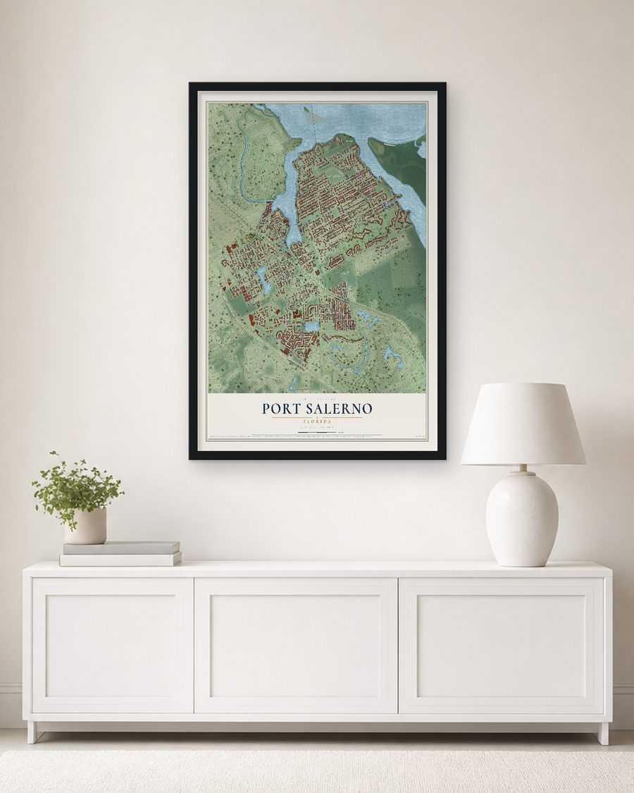 The Port Salerno, Florida map, 24 x 36 in, in a black wood frame on a living room wall