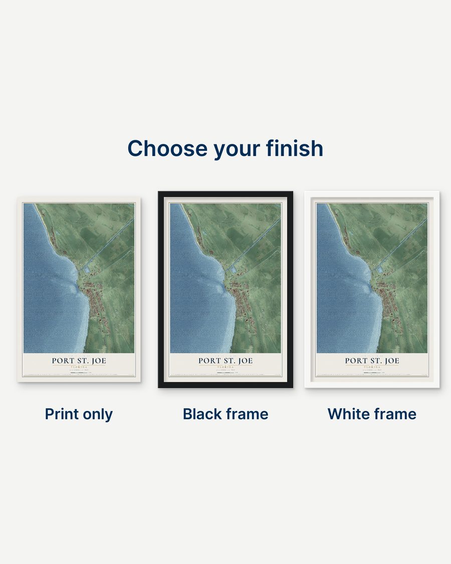 The Port St. Joe, Florida map as a print only, in a black frame and in a white frame