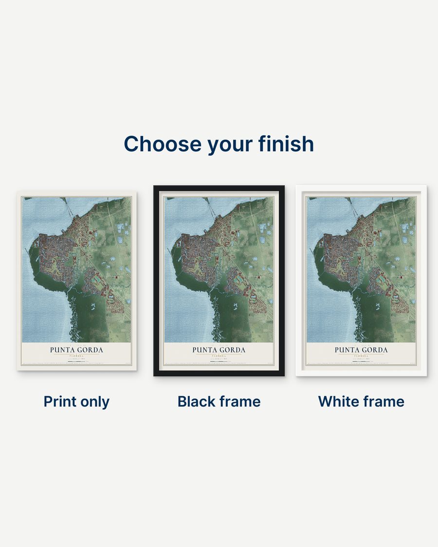 The Punta Gorda, Florida map as a print only, in a black frame and in a white frame