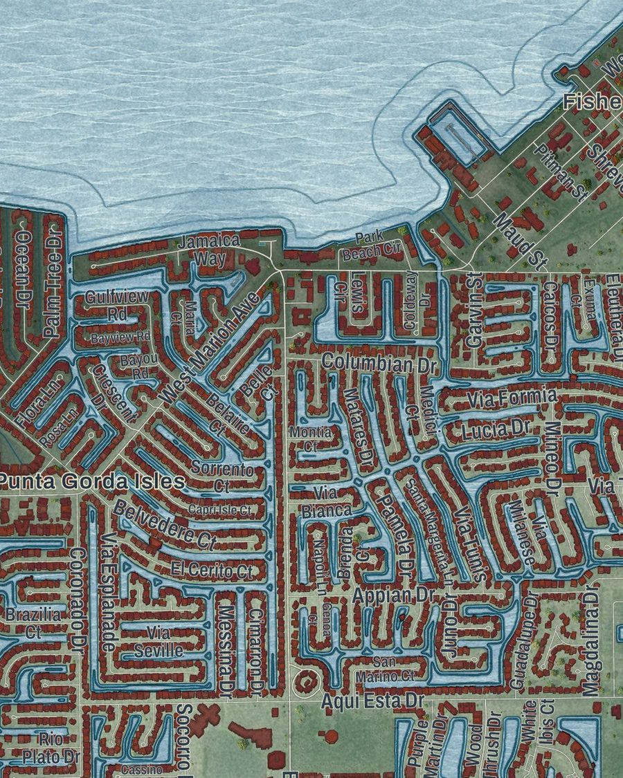 Close-up of Punta Gorda streets on the map