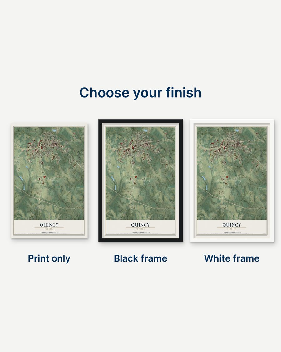 The Quincy, Florida map as a print only, in a black frame and in a white frame