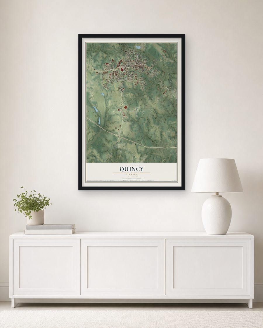 The Quincy, Florida map, 24 x 36 in, in a black wood frame on a living room wall