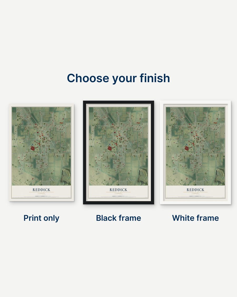 The Reddick, Florida map as a print only, in a black frame and in a white frame